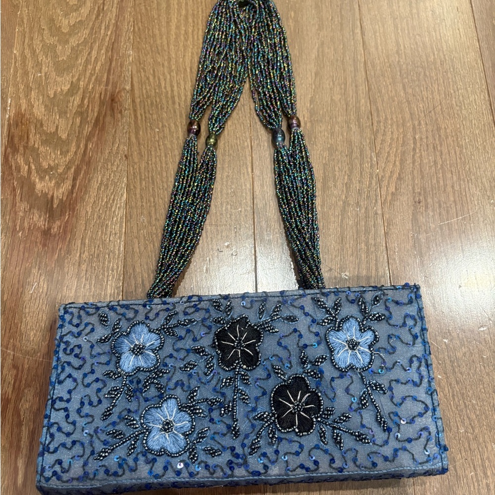 Vintage navy beaded bag with fully beaded straps!